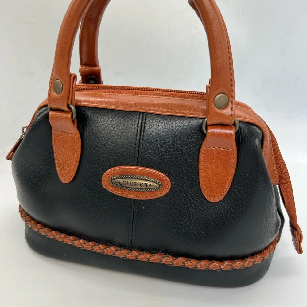 Vintage Dolce Vita Black & Tan Leather Satchel - Picture 2 of 6